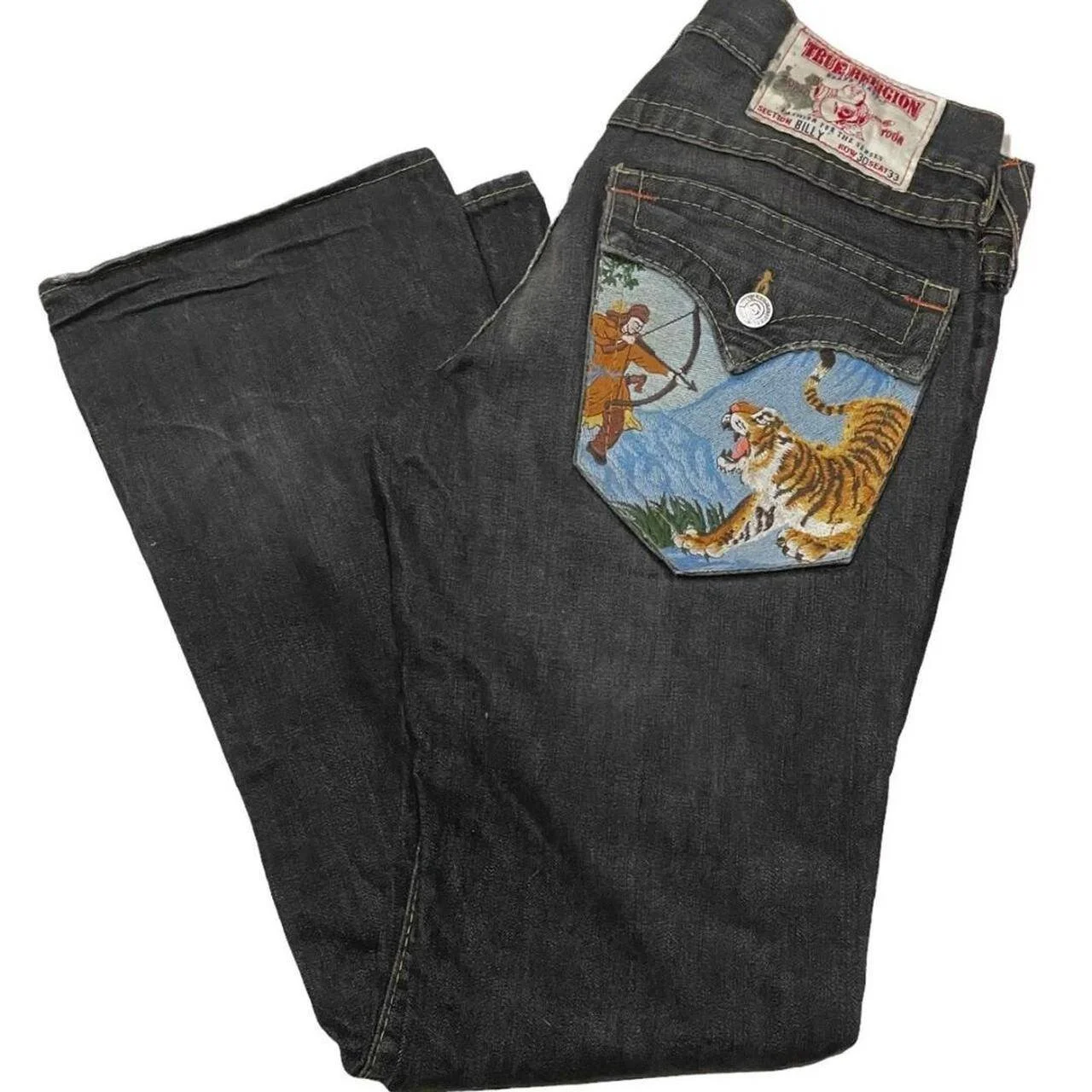Rare True Religion Embroidered Joey Jeans in Faded Black Wash