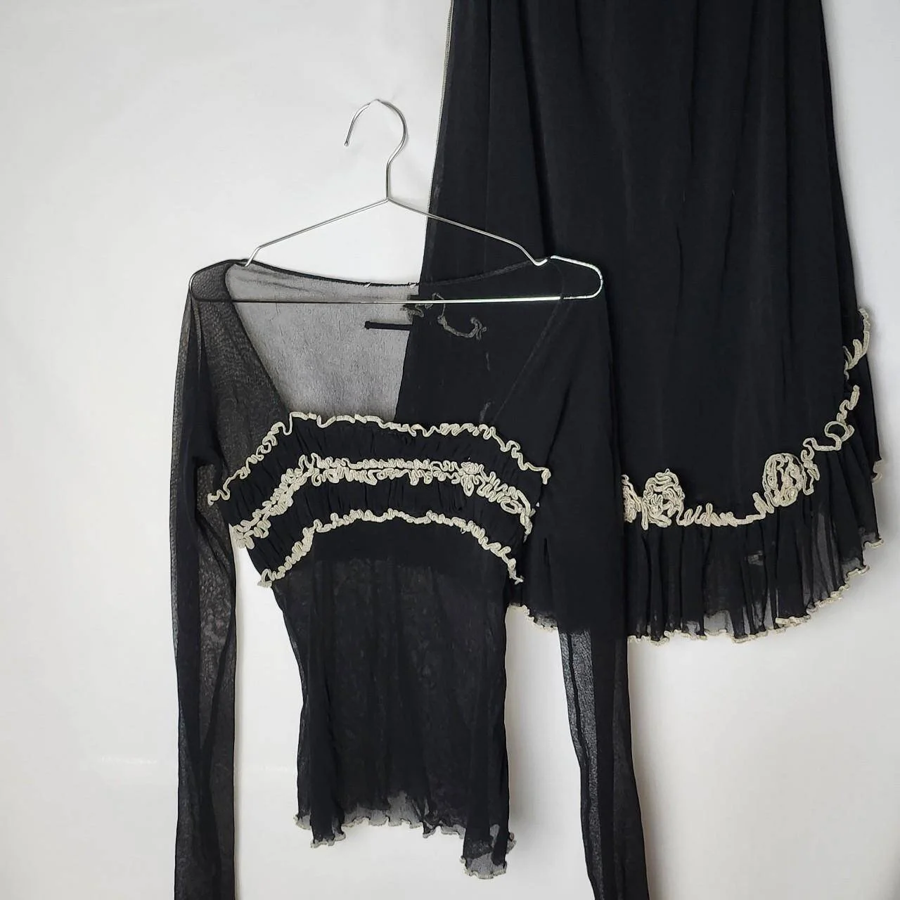 Vintage JPG Mesh Ruffle Long Sleeve and Skirt Set in Black and White
