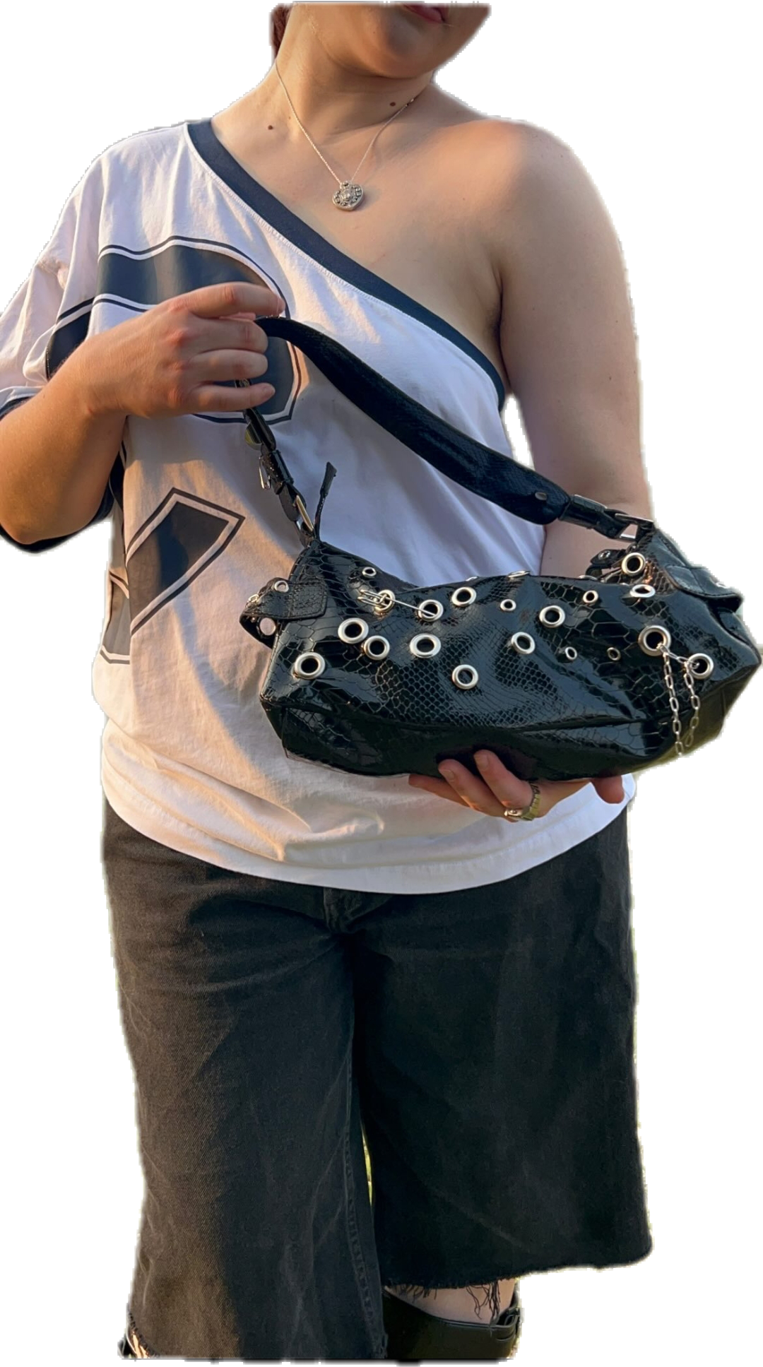 Upcycled Guess handbag with grommets, piercings, and chains (2024)