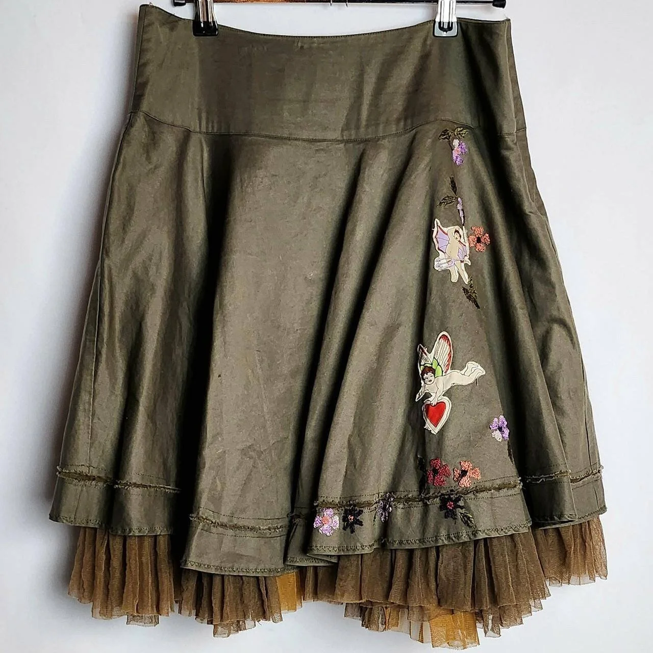 Vintage & Rare Miss 60 Fairy Skirt with Mesh Ruffle Trim in Army Green