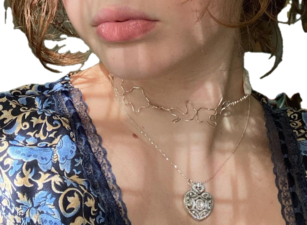 Handmade Split Necklace with silver squiggly chains and freshwater pearls (2022)