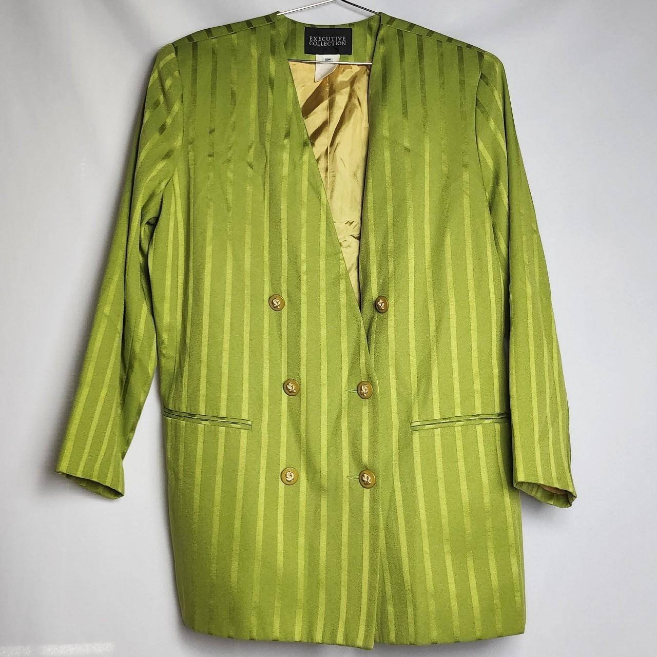 Vintage 1990s Plus Size Striped Blazer in Chartreuse with Gold Button Details and Shoulder Pads