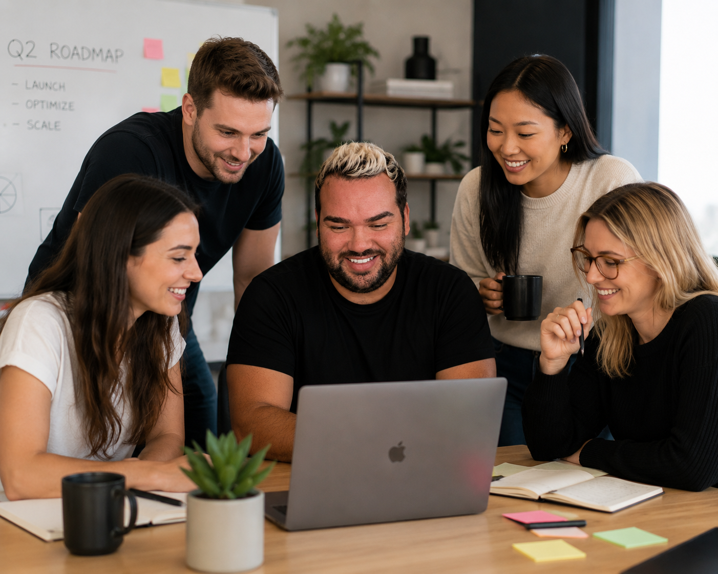 Viber ecommerce marketing team smiling while collaborating and working together on laptops in office