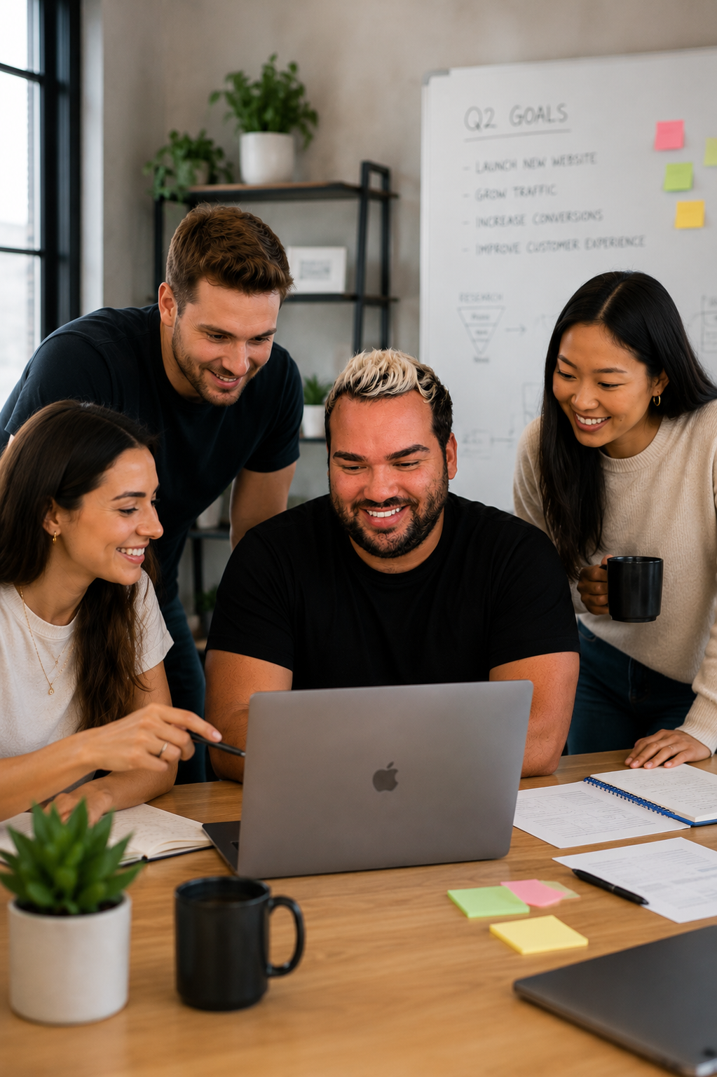 Viber ecommerce marketing team collaborating around a laptop in office