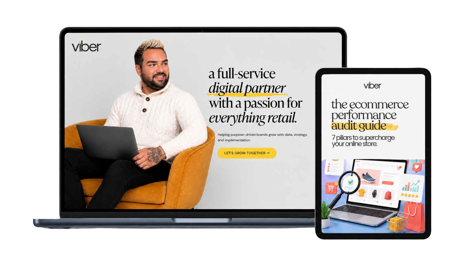Screenshot of laptops and tablet displaying Viber branding and marketing content, including a man with a laptop on a yellow chair and text about digital partnership and ecommerce audit guide.
