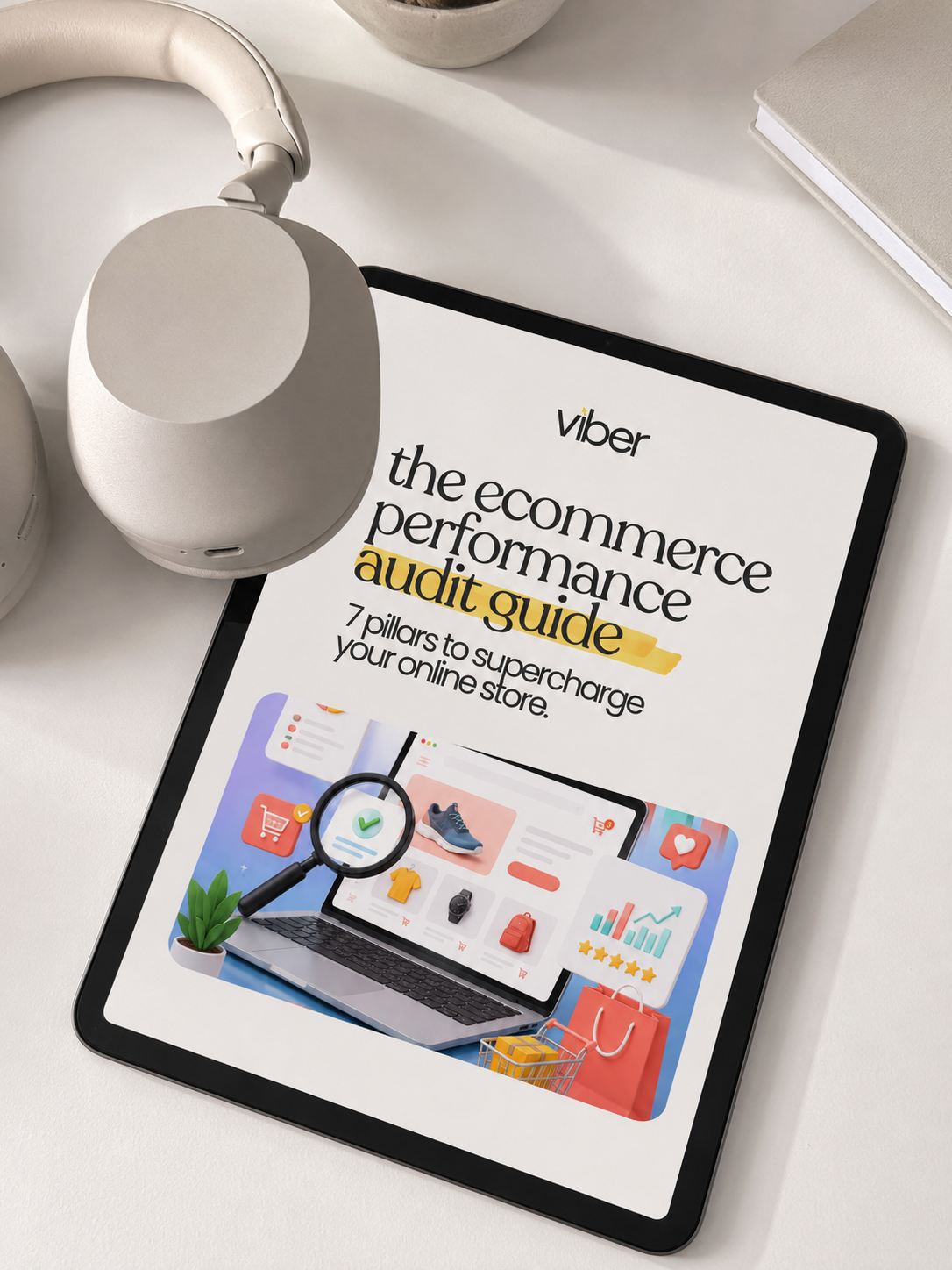 Viber ecommerce performance audit guide free download displayed on tablet mockup