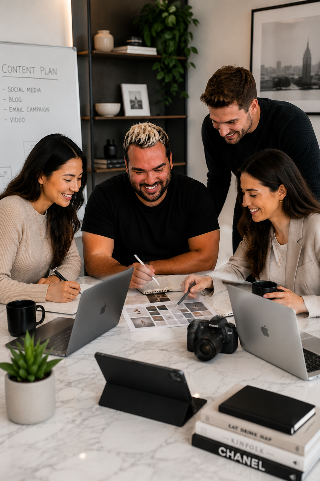 Viber ecommerce marketing team planning content calendar with sticky notes and mood board