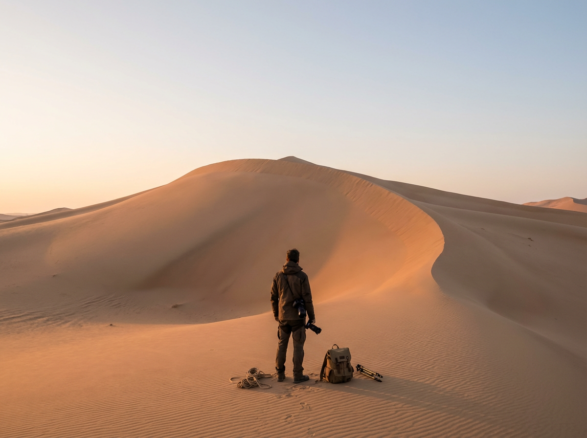 Person with camera and tripod in a desert with sand dunes at sunrise or sunset.