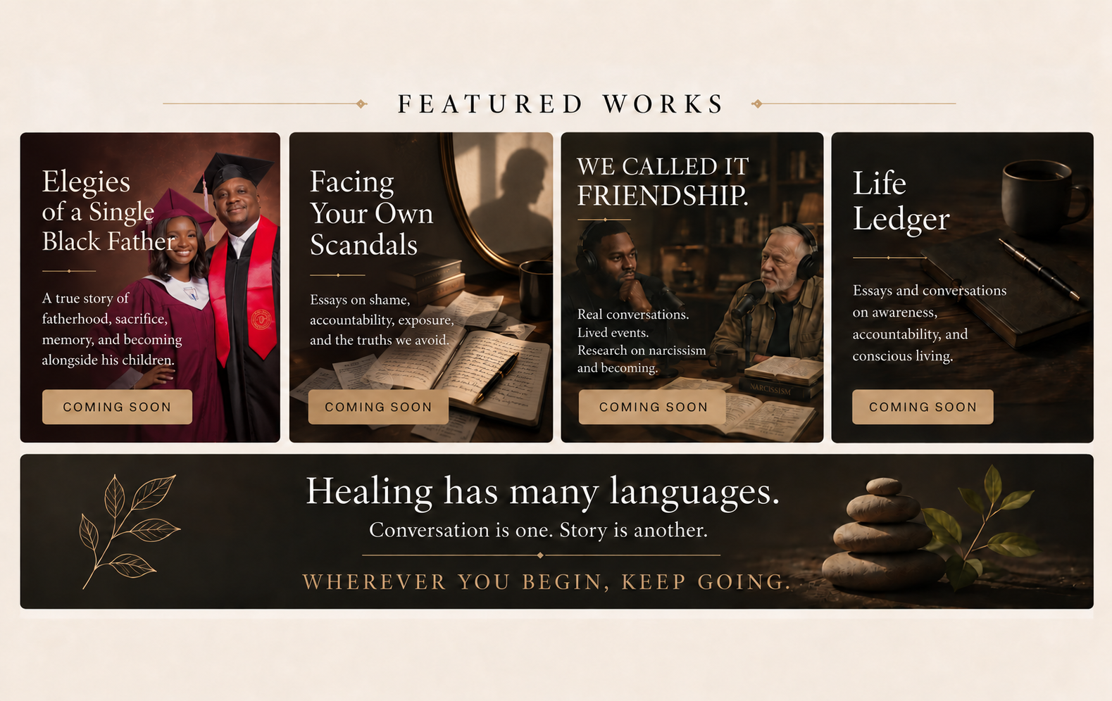 Featured works from The Sanctum Empowerment Group, including Elegies of a Single Black Father, Facing Your Own Scandals, We Called It Friendship, and Life Ledger.
