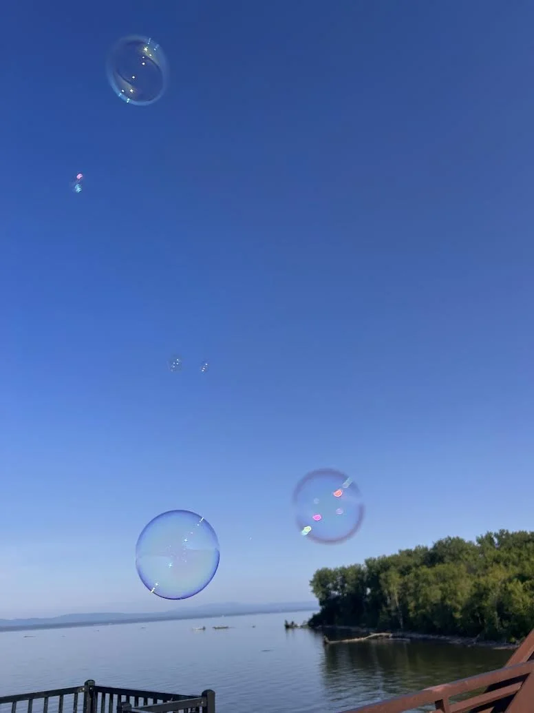Bubbles floating in the sky over a river and a green tree-lined shoreline, with a clear blue sky.