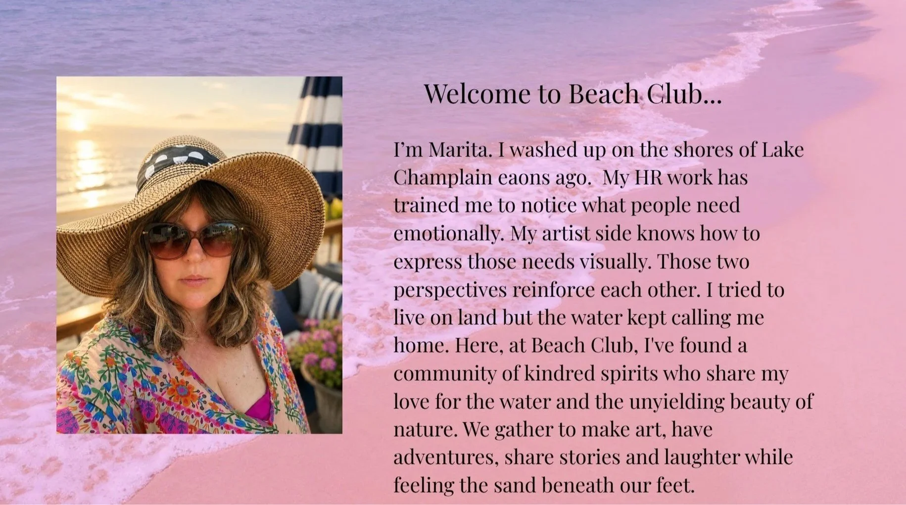 A woman wearing a large straw sun hat, sunglasses, and a colorful floral shirt, standing near a beach at sunset with water and the horizon in the background.