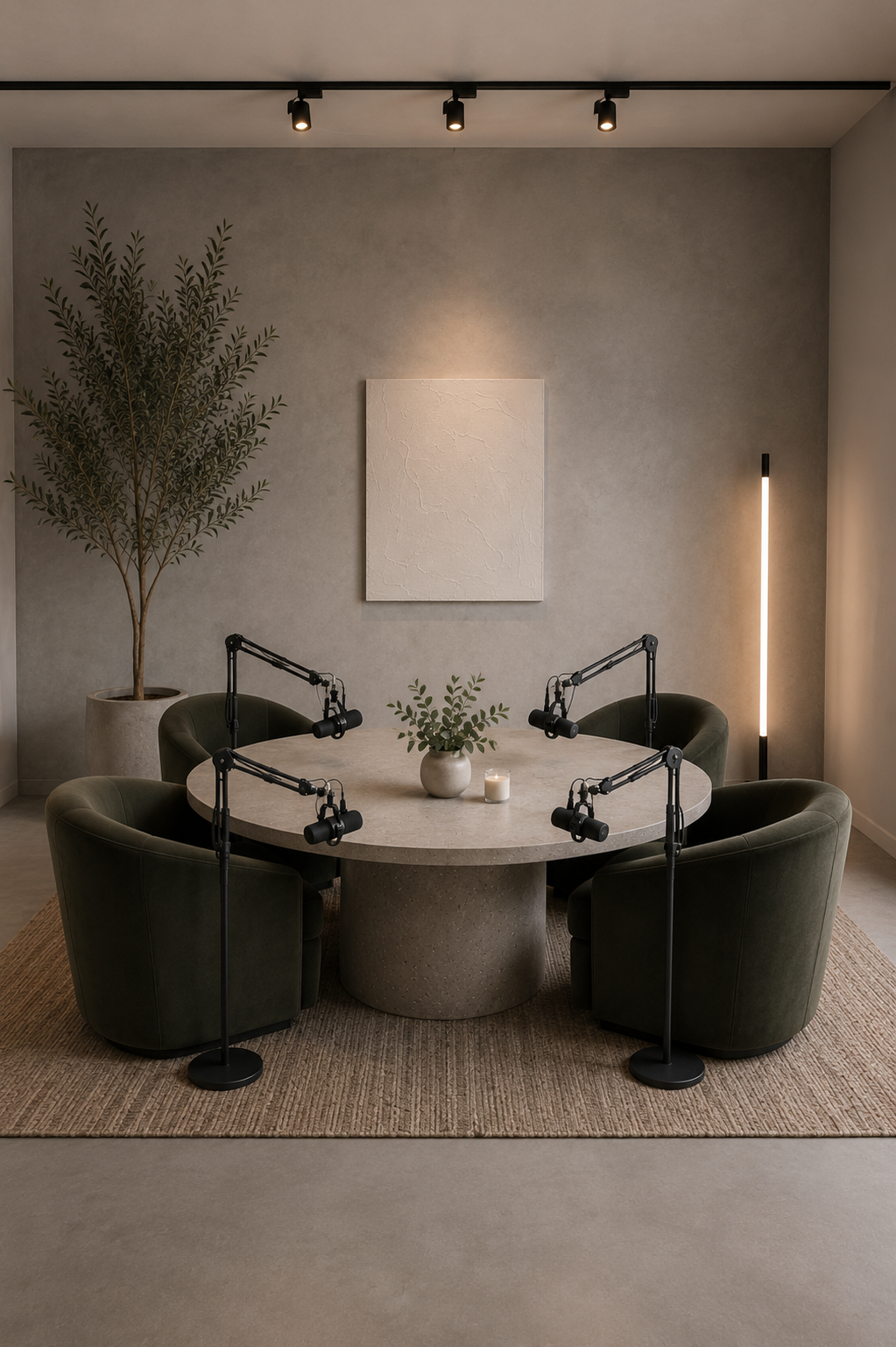 Flexible 2–4 person podcast studio at Paradise Palms Studio in Bali with professional microphones and a modern recording space.