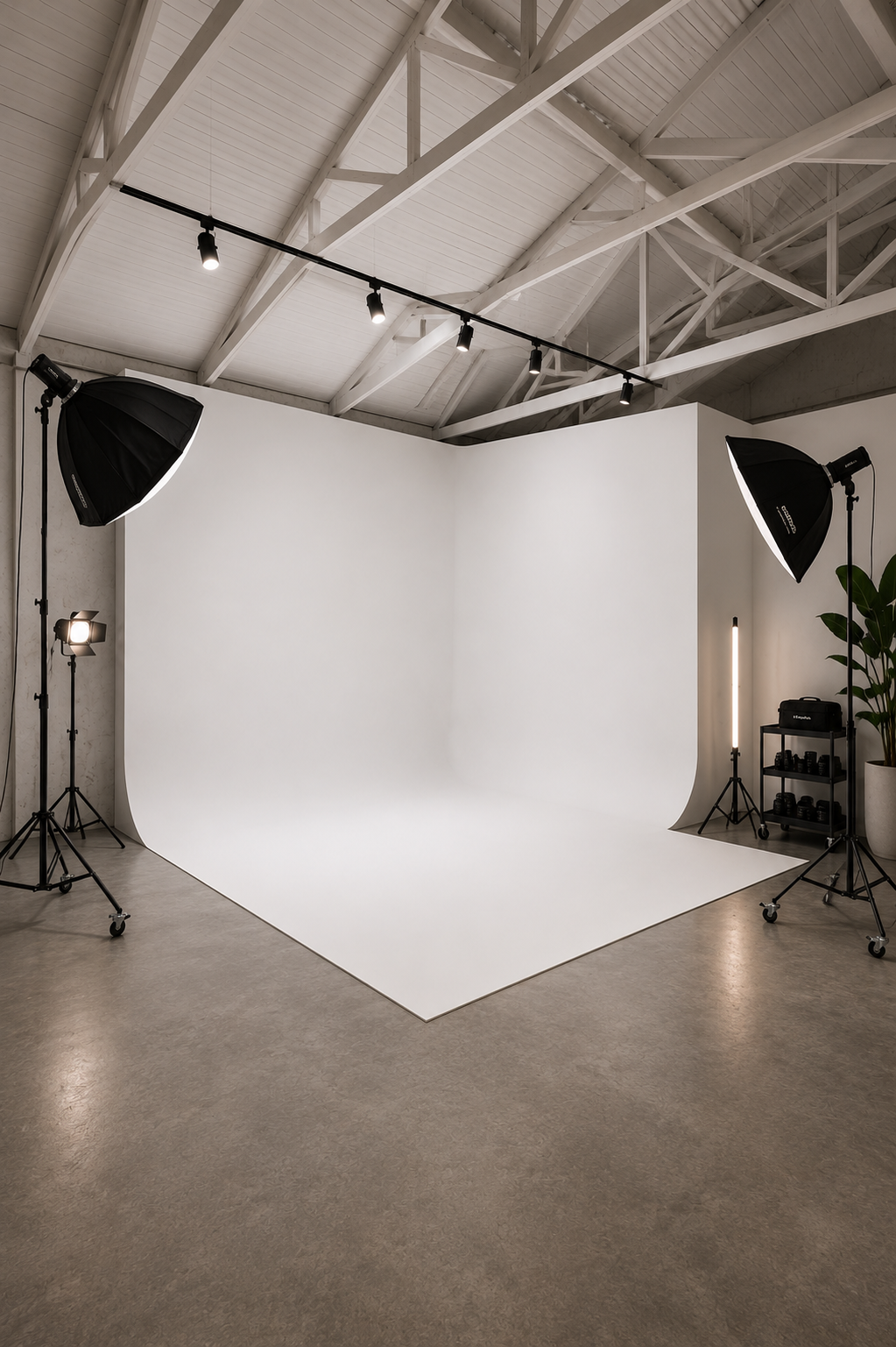Professional photography and content creation studio in Bali with interchangeable backdrops, CYC wall, studio lighting and equipment.
