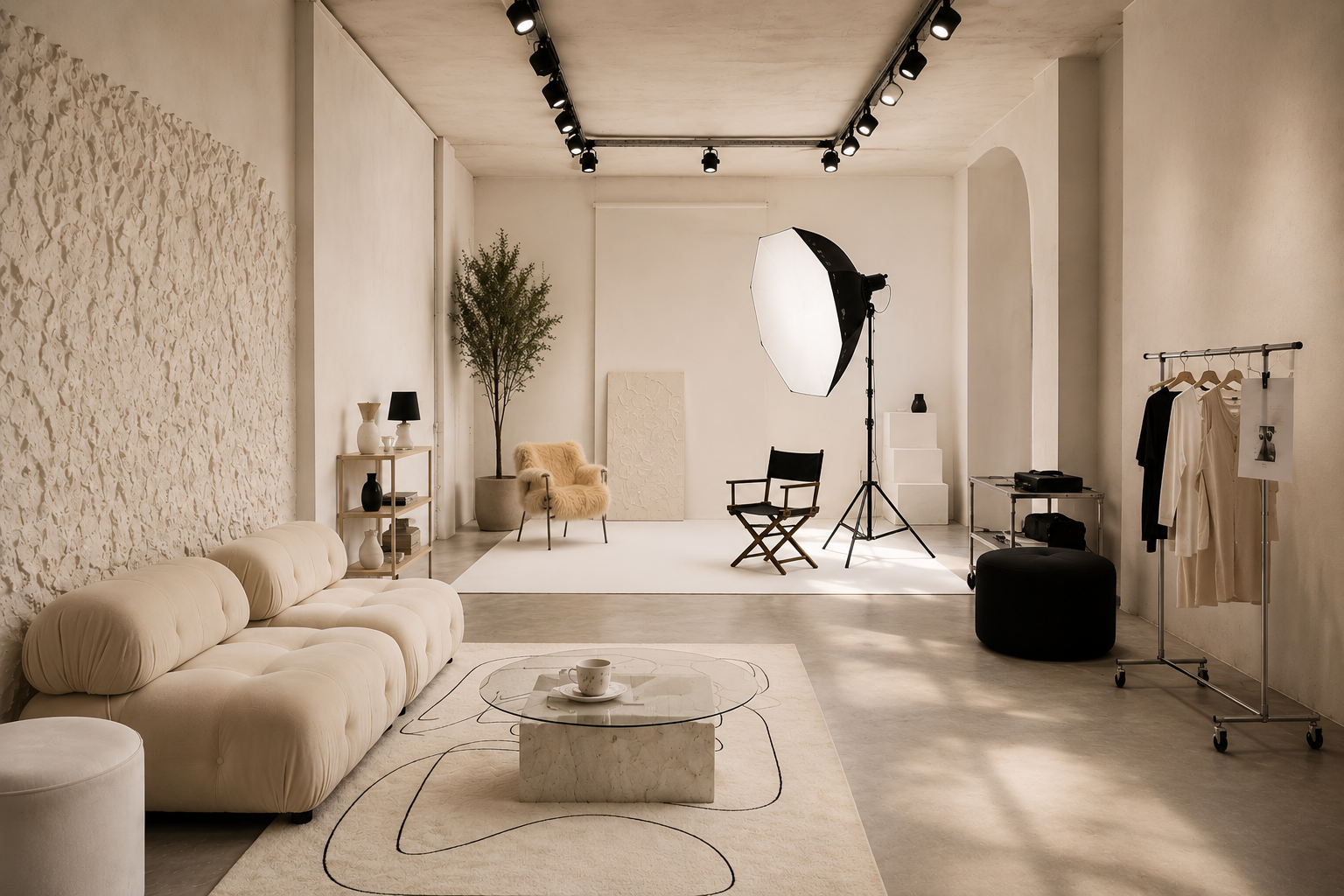 Photography and content creation studio at Paradise Palms Studio in Bali with professional lighting, styled sets and interchangeable backdrops.