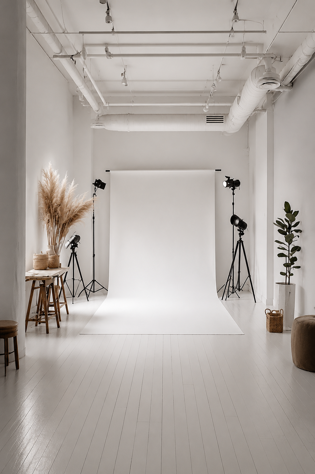 Spacious photography and content creation studio at Paradise Palms Studio in Bali with seamless backdrop with professional lighting and equipment for hire.