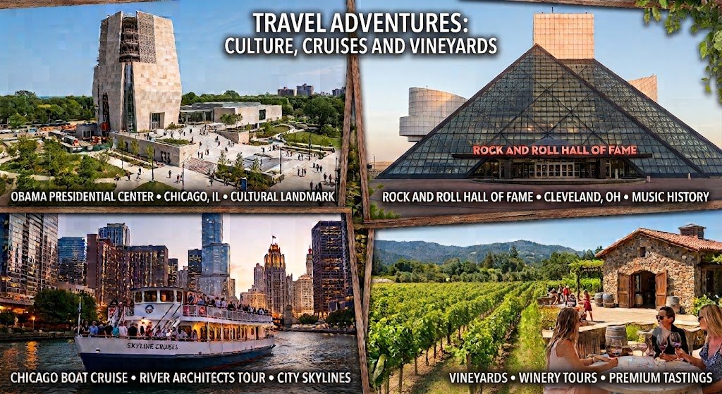 A promotional collage of travel experiences featuring four images. The top left shows the Obama Presidential Center in Chicago, Illinois. The top right displays the Rock and Roll Hall of Fame in Cleveland, Ohio. The bottom left depicts a skyline cruise on the Chicago River with city skyscrapers. The bottom right shows a vineyard with people enjoying wine tasting outdoors amidst green grapevines and scenic mountains.