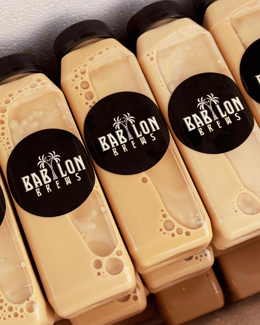 Several bottles of Babi Lion Brews with black labels featuring a palm tree logo.