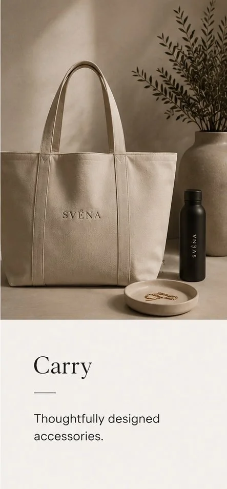 A beige tote bag with the word 'SVĒNA' embroidered on it, a black water bottle with the same branding, a small ceramic dish with jewelry, and a potted plant in a neutral-colored vase on a light surface.