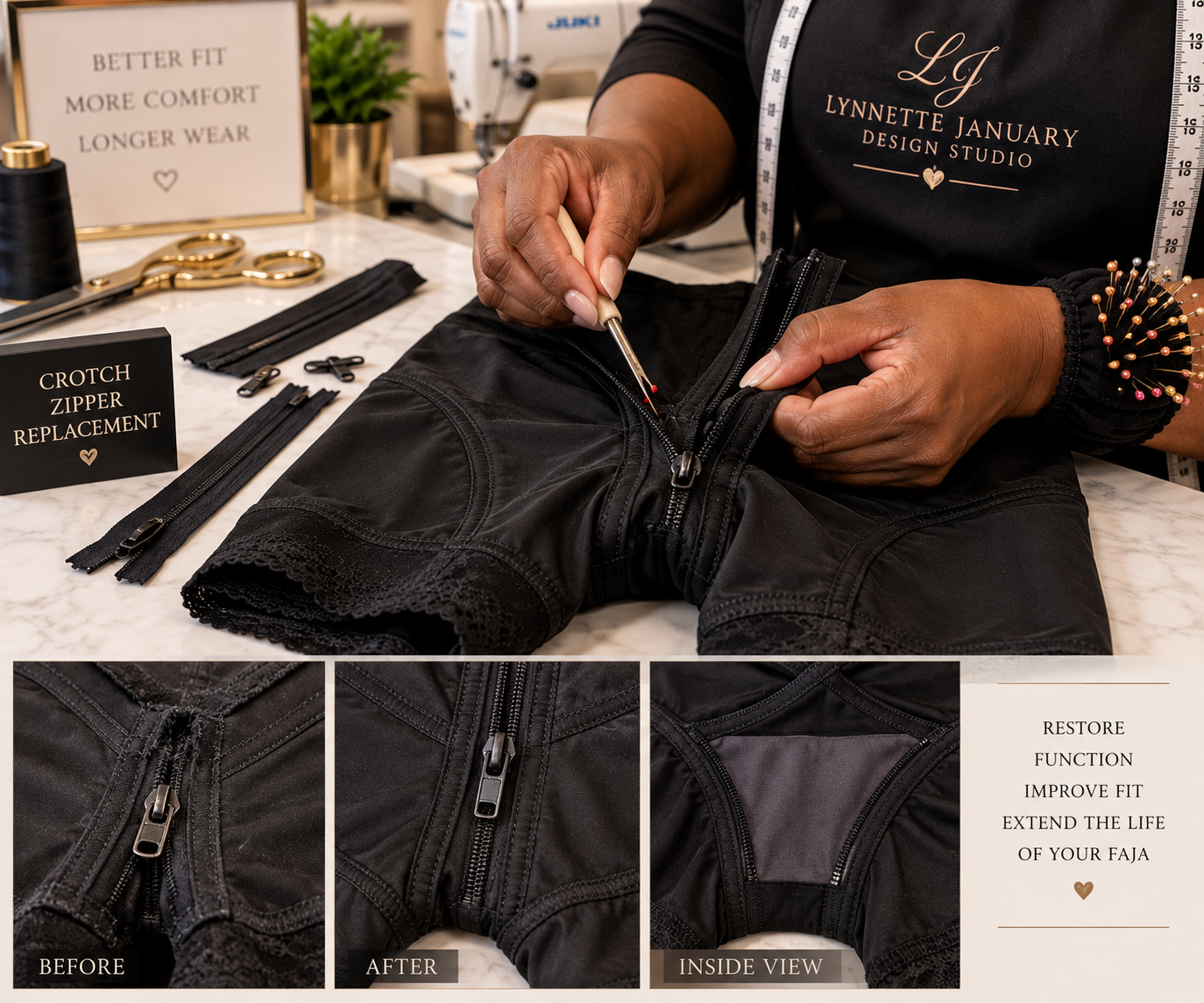 Crotch Zipper Replacement

A damaged or worn crotch zipper can make an otherwise functional faja difficult to wear. The existing zipper can be carefully removed and replaced to restore convenient access while maintaining the garment’s fit, compressio
