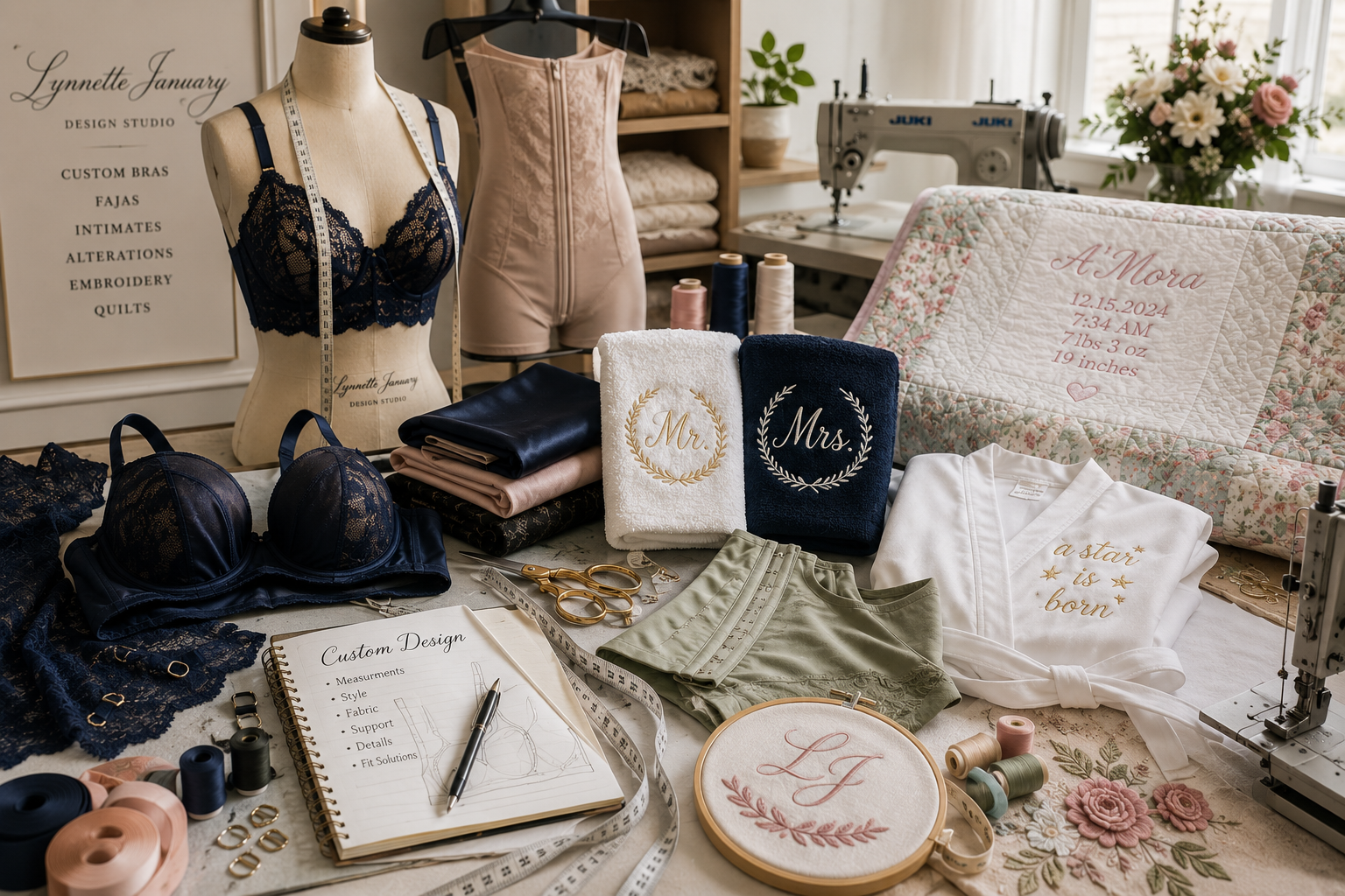 A sewing and design workspace with bridal items, fabric, thread, and embroidery tools. Includes a mannequin with lace lingerie, beige and navy towels labeled 'Mr' and 'Mrs', a floral quilt with personalized embroidery, a sewing machine, and various sewing accessories.