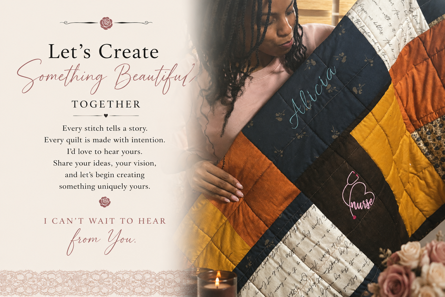Woman holding a handcrafted personalized memory quilt featuring embroidered names and meaningful fabric pieces, showcasing custom quilting by Lynnette January Design Studio.