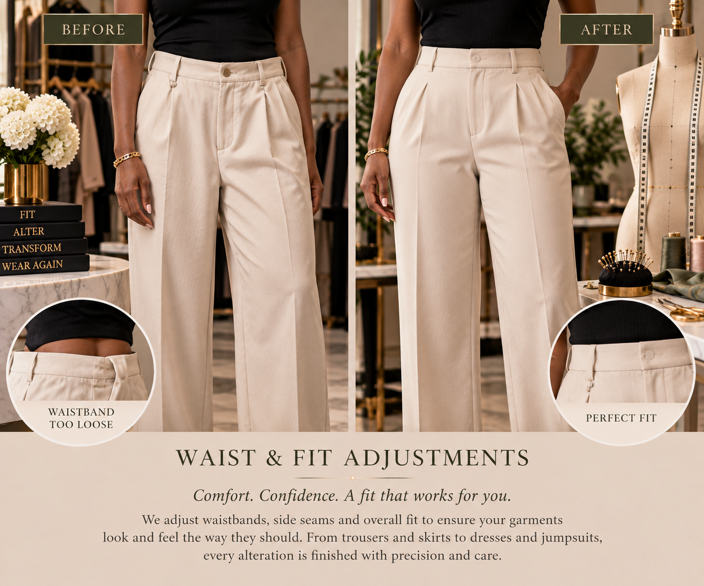 Professional waist and fit adjustments can improve both the comfort and appearance of your clothing. Lynnette January Design Studio in Killeen, Texas alters waistbands, side seams, and overall garment fit on trousers, skirts, dresses, jumpsuits, and 