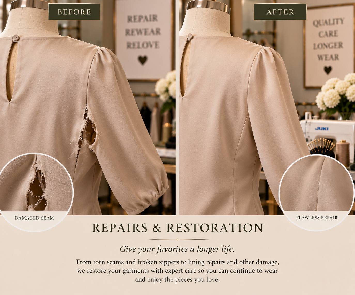 Professional garment repair can extend the life of clothing you already love. Lynnette January Design Studio in Killeen, Texas provides repairs for torn seams, damaged zippers, linings, and other garment damage, with careful attention to restoring bo