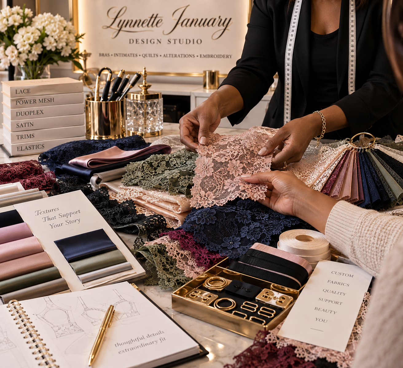 During your custom bra consultation at Lynnette January Design Studio in Killeen, Texas, you’ll select from beautiful laces, supportive bra fabrics, colors, elastics, trims, and hardware. Each material is chosen with both beauty and function in mind 