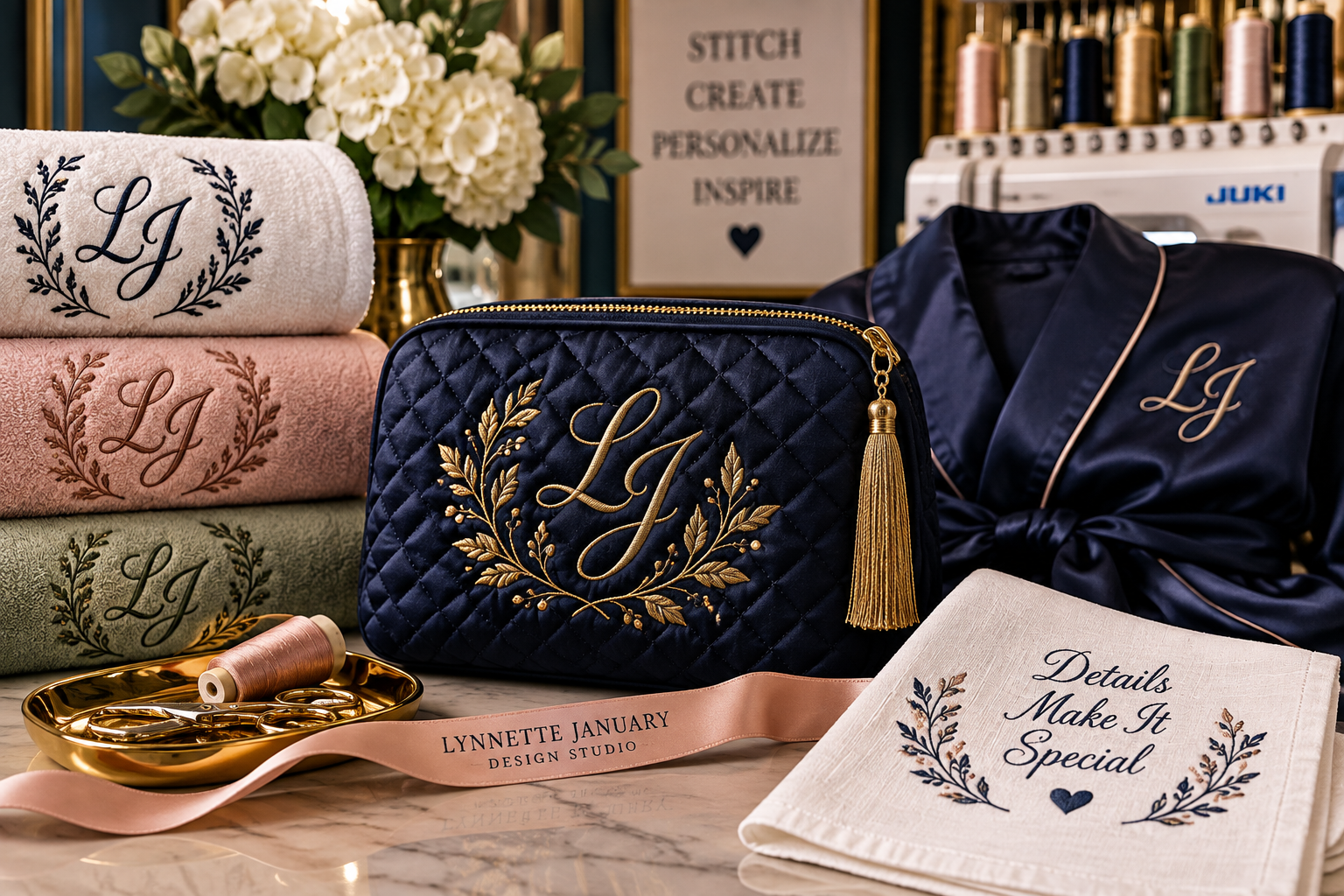 Add a distinctive personal touch with custom embroidered monograms and initials. From robes and towels to bags, linens, garments, and gifts, Lynnette January Design Studio creates personalized embroidery designed to make everyday pieces uniquely your