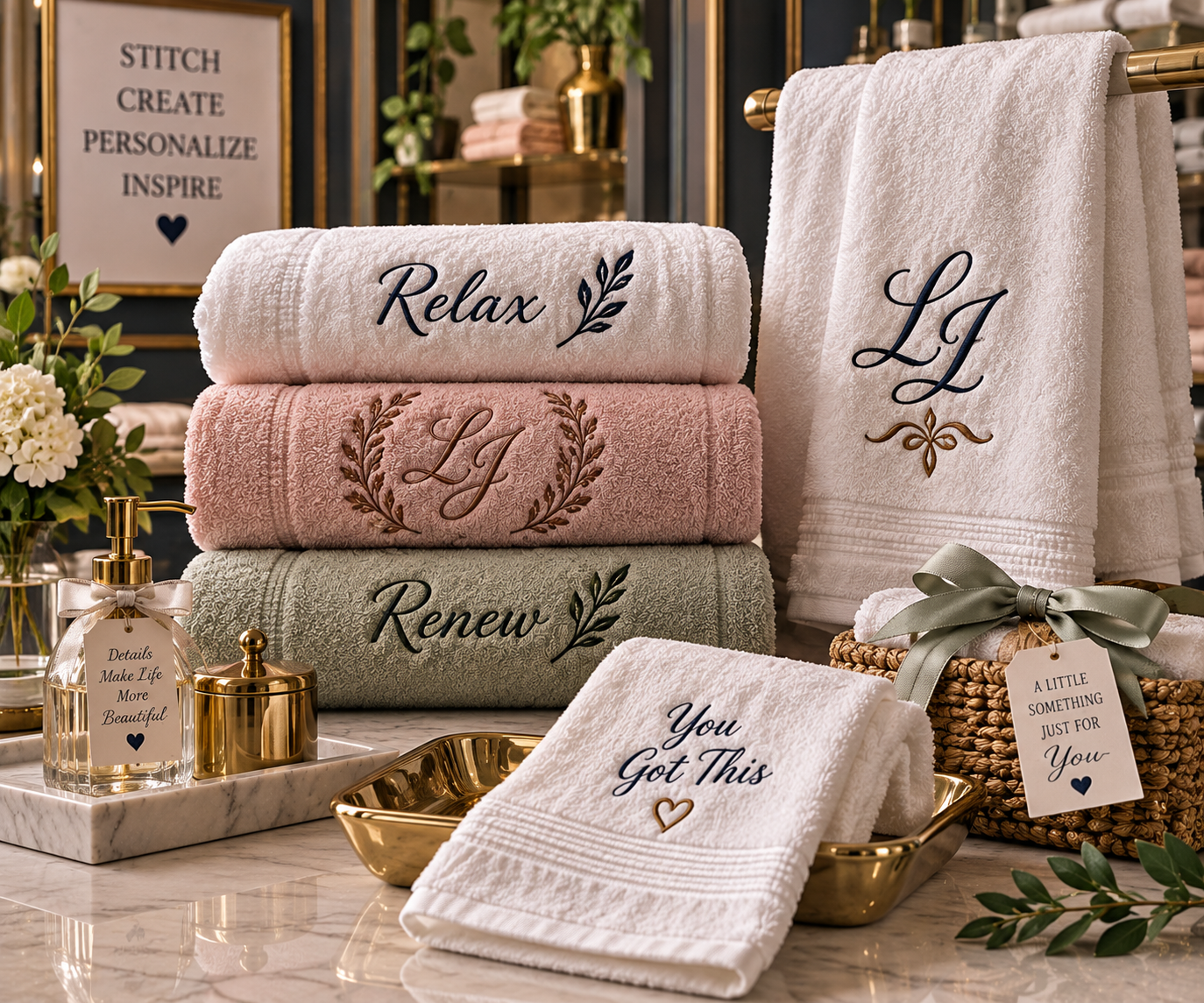 Towels & Linens

Personalize towels and linens with beautifully embroidered monograms, names, decorative designs, or special messages. Perfect for your home, housewarming and wedding gifts, guest linens, spa sets, and other thoughtful keepsakes.