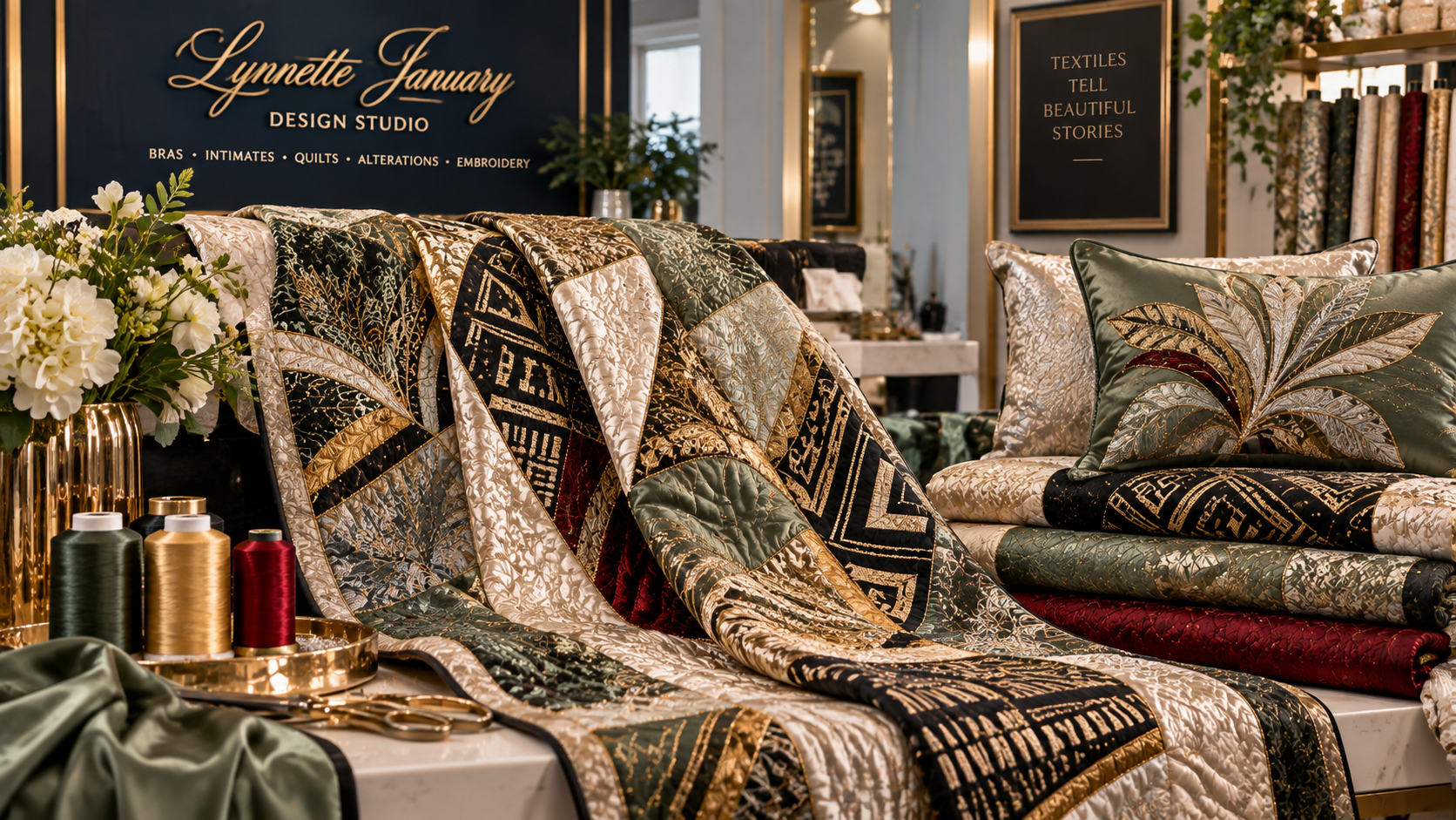 Display of luxurious embroidered textiles and pillows at Lynnette January Design Studio, featuring gold, black, and green fabrics with intricate patterns, sewing tools, and floral arrangements in a sophisticated store setting.