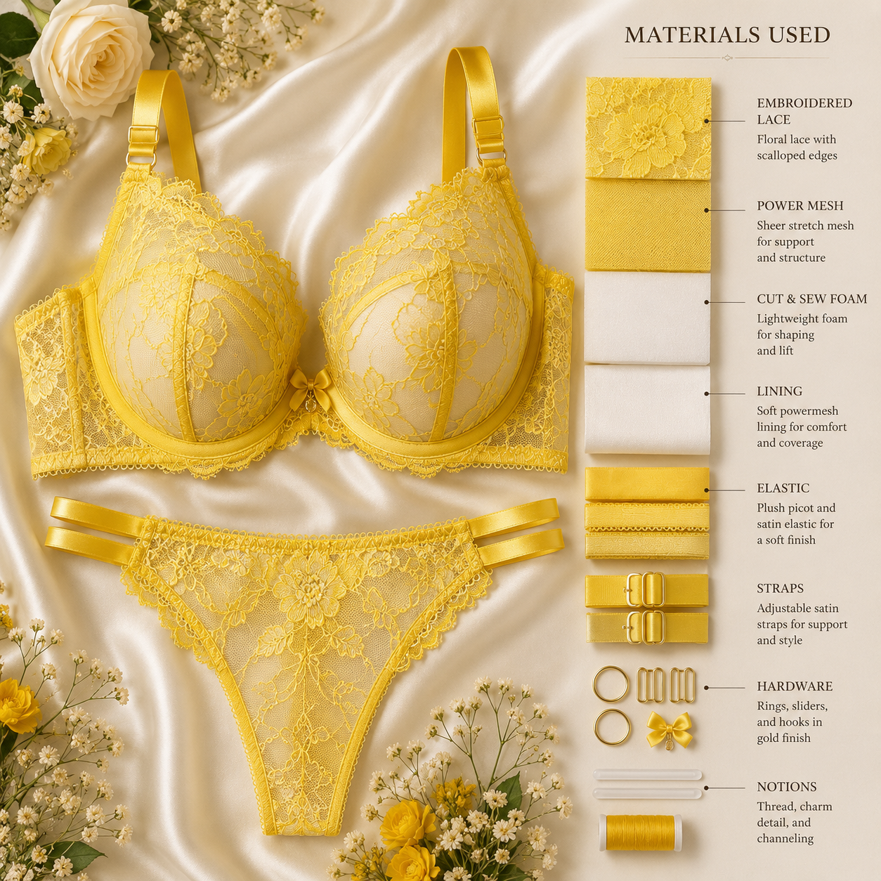 Golden Bloom  pairs vibrant yellow lace with coordinating fabrics, elastics, and gold-tone hardware to create a custom lingerie set that's as beautiful as it is supportive. A fresh, feminine choice for those who love timeless style with a touch of su