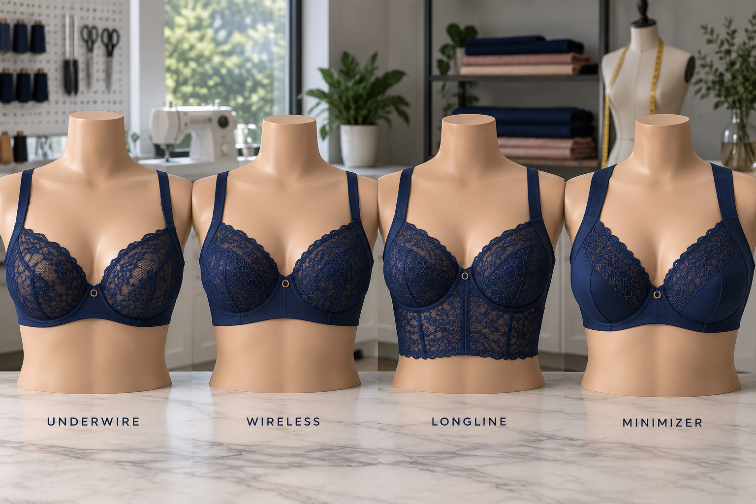 Four custom bra designs for women including underwire, wireless, longline, and minimizer styles