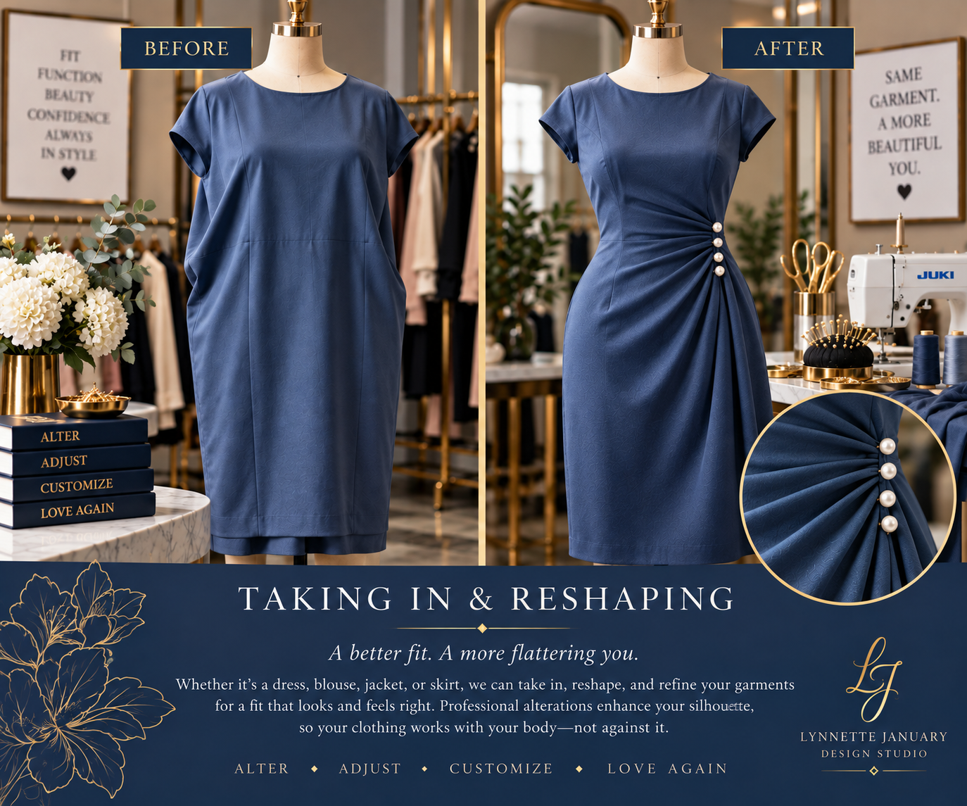 Professional garment reshaping can transform clothing that feels too loose, boxy, or poorly proportioned. Lynnette January Design Studio in Killeen, Texas provides alterations to take in and reshape dresses, blouses, skirts, jackets, and other garmen