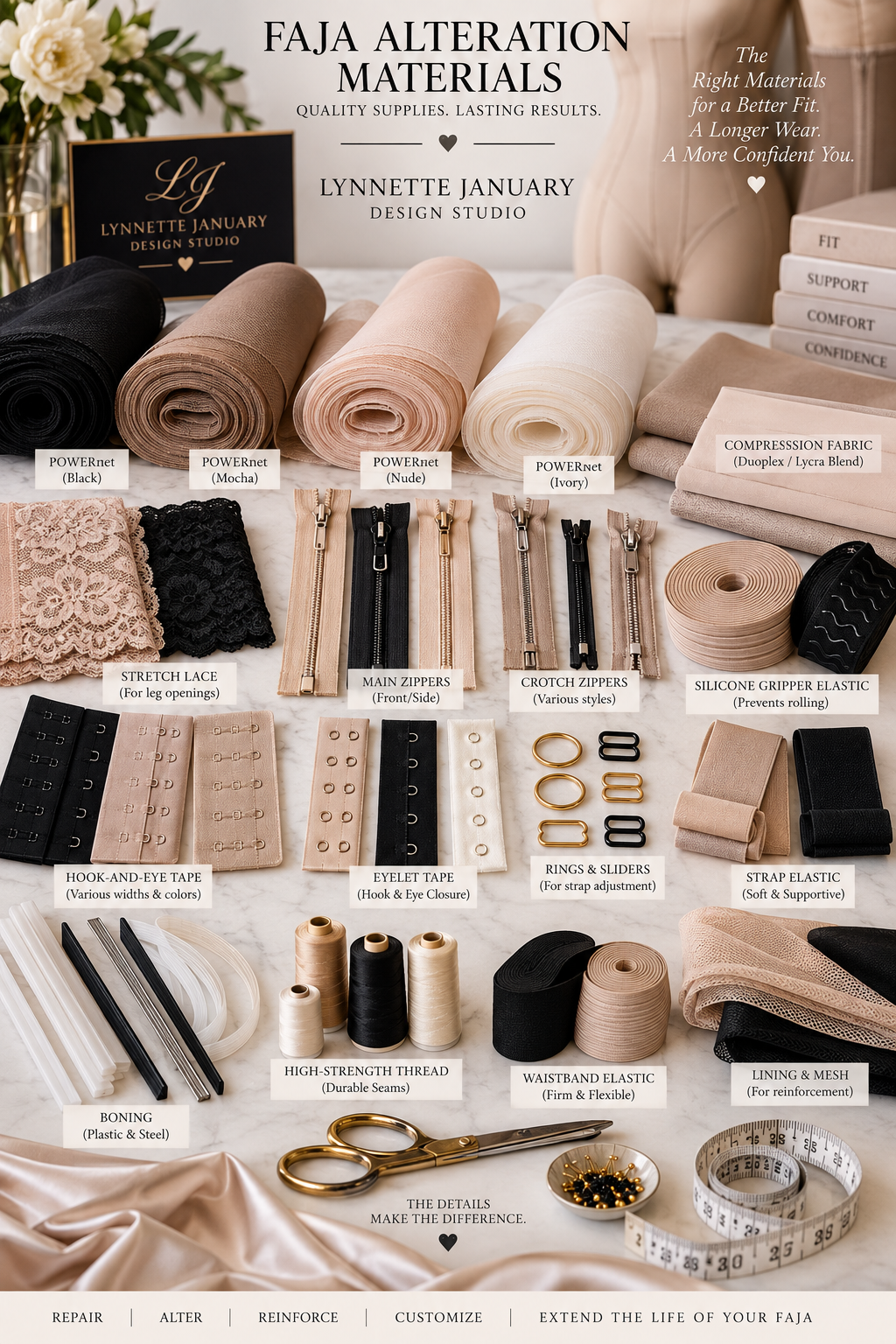 Faja Alteration Materials & Components

Professional faja alterations require materials specifically selected to work with high-compression garments. Powernet, compression fabrics, hook-and-eye tape, zippers, boning, stretch lace, silicone gripper el