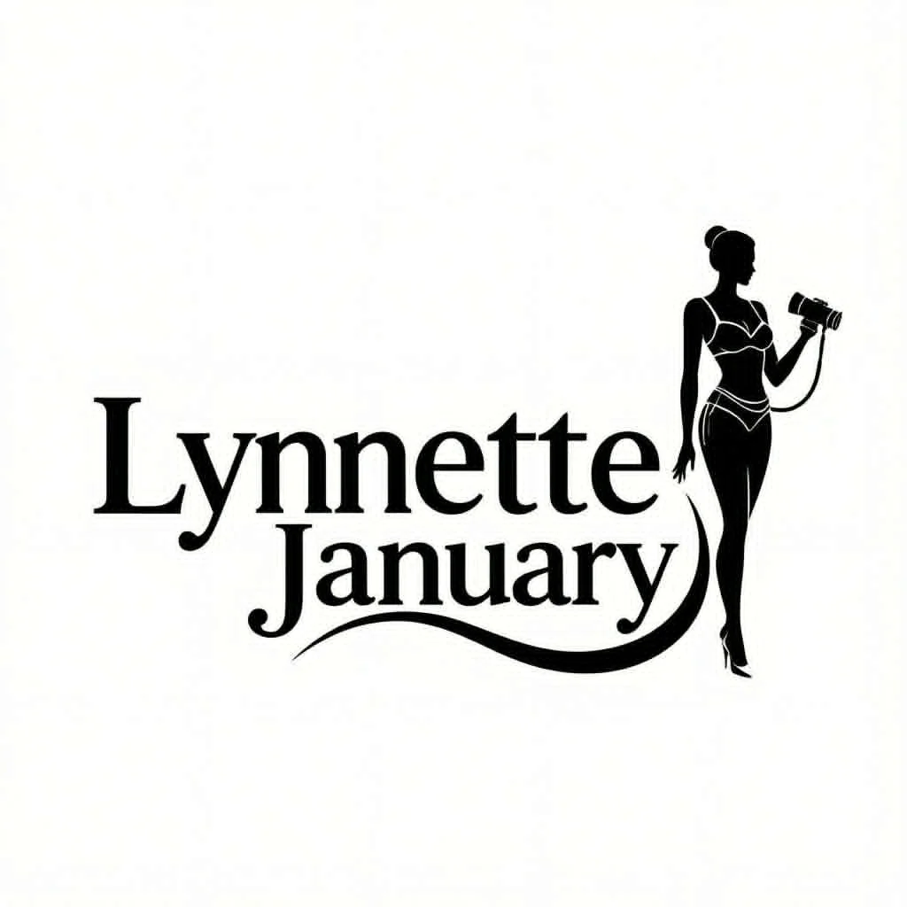 Lynnette January Design Studio logo featuring a silhouette of a woman in lingerie holding a spool of thread.