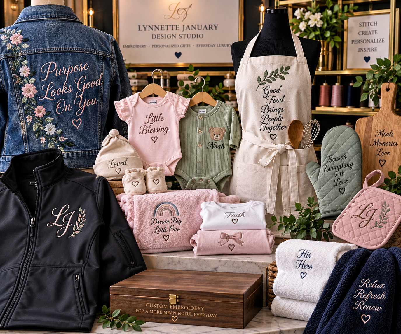 Everyday Embroidery & Personalized Gifts

Custom embroidery can make everyday items more personal and meaningful. Jackets, baby clothing, bibs, aprons, oven mitts, towels, caps, bags, and other fabric items can be customized with names, monograms, de