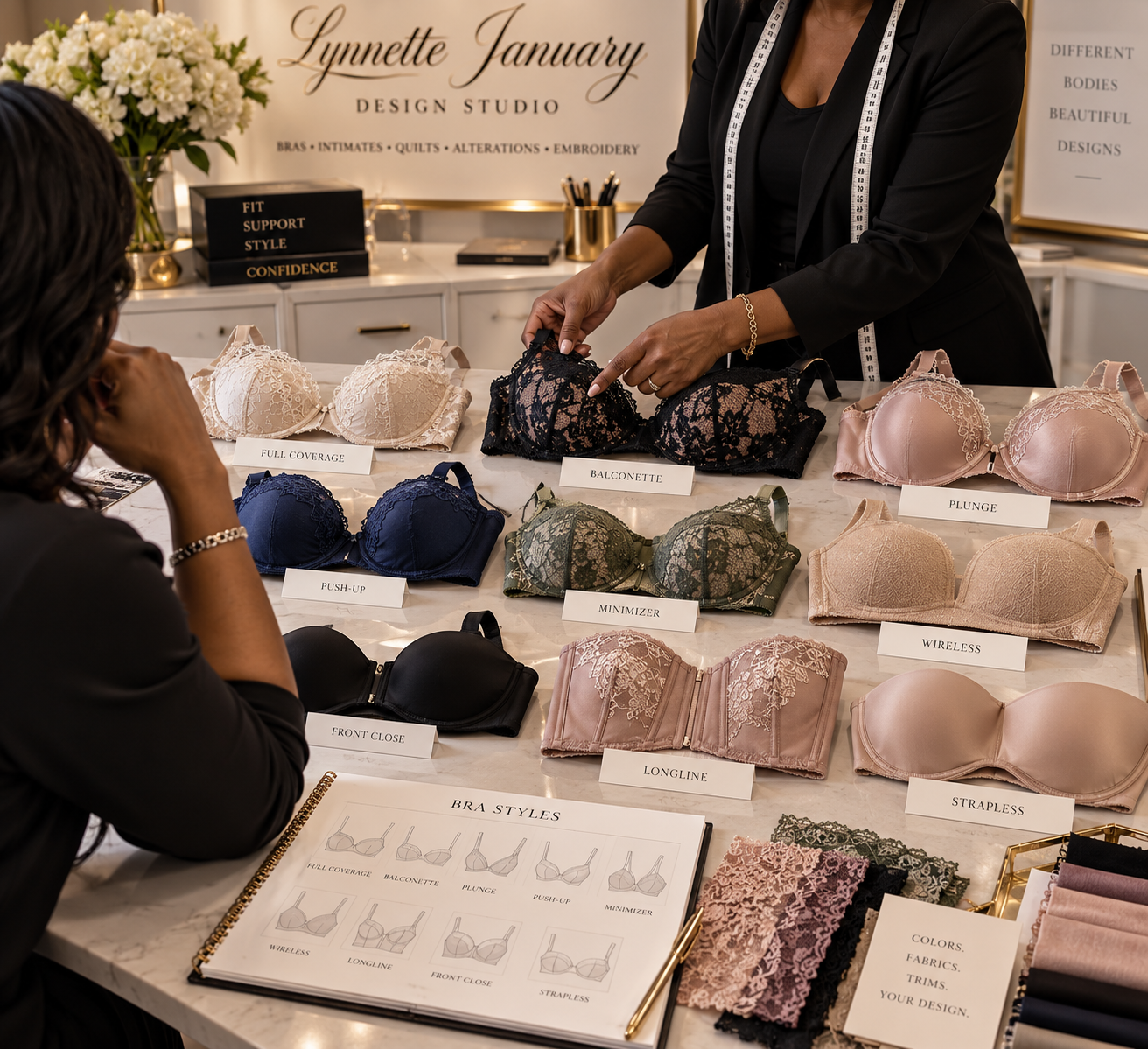 During your custom bra consultation at Lynnette January Design Studio in Killeen, Texas, we’ll explore bra styles based on your breast shape, support needs, wardrobe, and personal preferences. From full coverage and balconette to plunge, wireless, mi