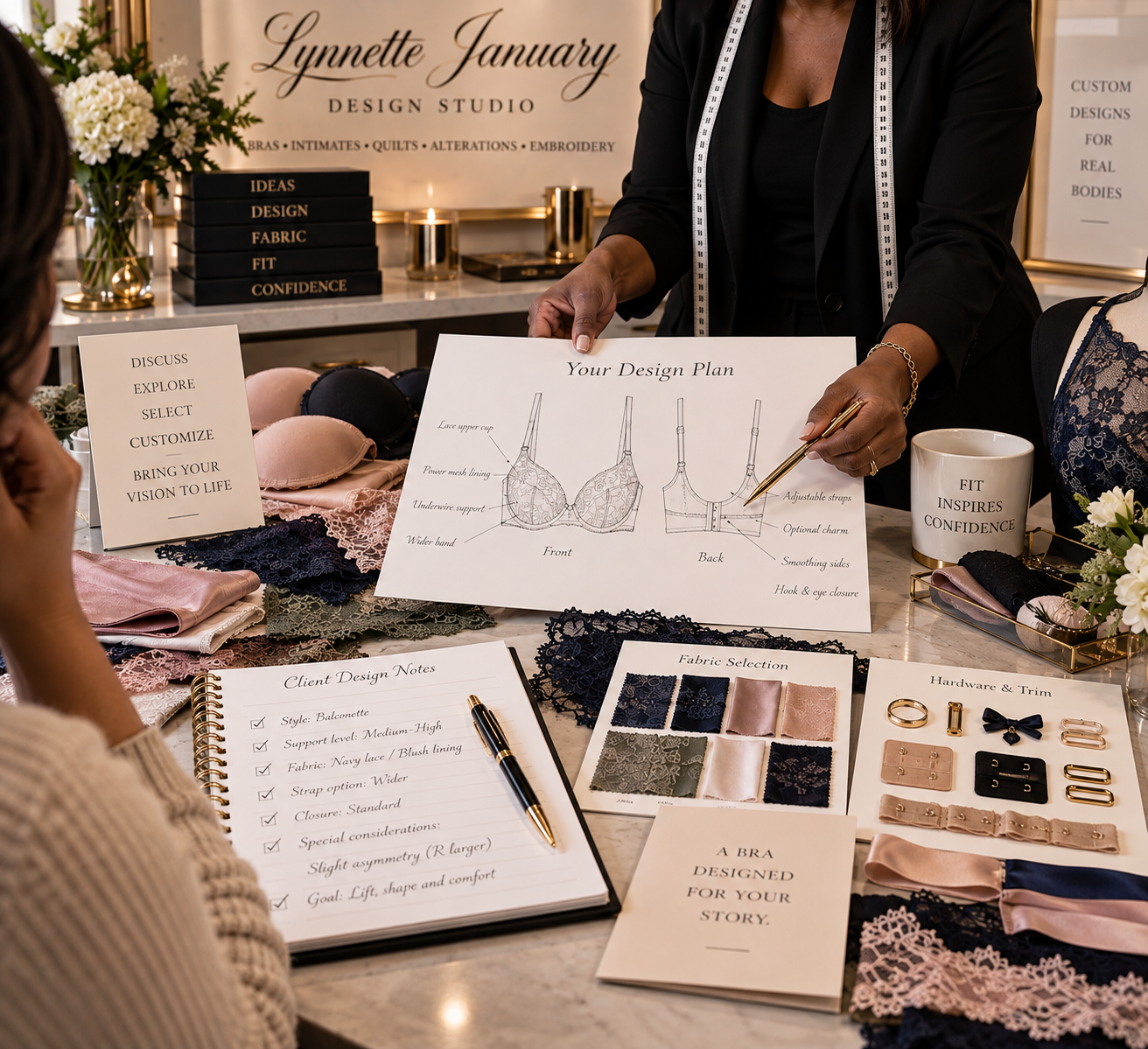 Your custom bra design plan brings everything together. At Lynnette January Design Studio in Killeen, Texas, your measurements, fit needs, preferred bra style, fabrics, colors, and design details are combined to create a personalized plan for a bra d