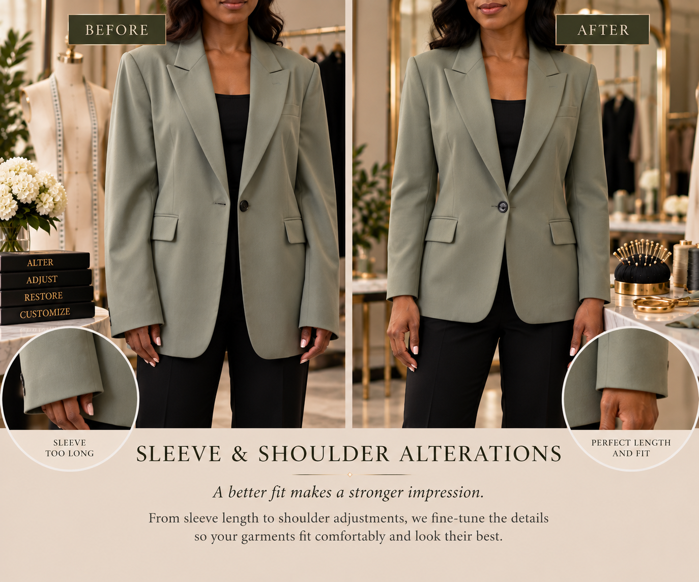 Professional sleeve and shoulder alterations can dramatically improve how a garment fits and hangs. Lynnette January Design Studio in Killeen, Texas provides sleeve shortening, length adjustments, and shoulder modifications for jackets, blazers, dres