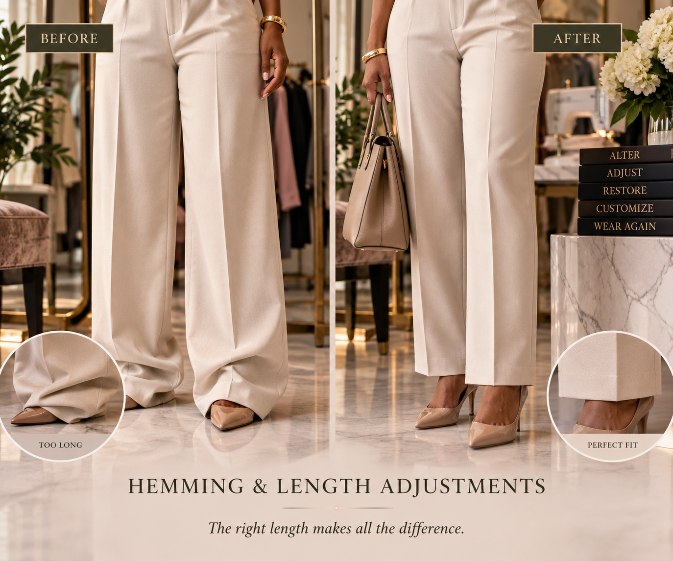 Professional hemming and length adjustments can transform the fit and appearance of your clothing. At Lynnette January Design Studio in Killeen, Texas, trousers, dresses, skirts, and other garments are carefully shortened or lengthened while preservi
