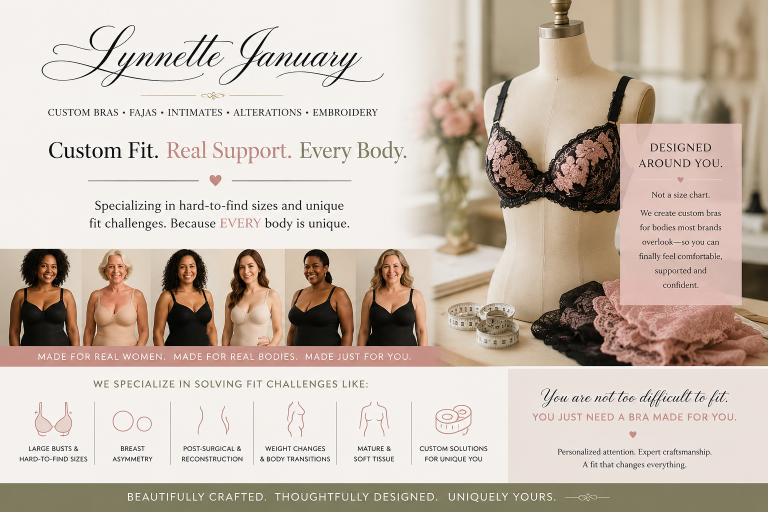 Custom lace bra displayed on a dress form alongside diverse women wearing supportive bras, representing personalized bra fitting and handcrafted intimate apparel.