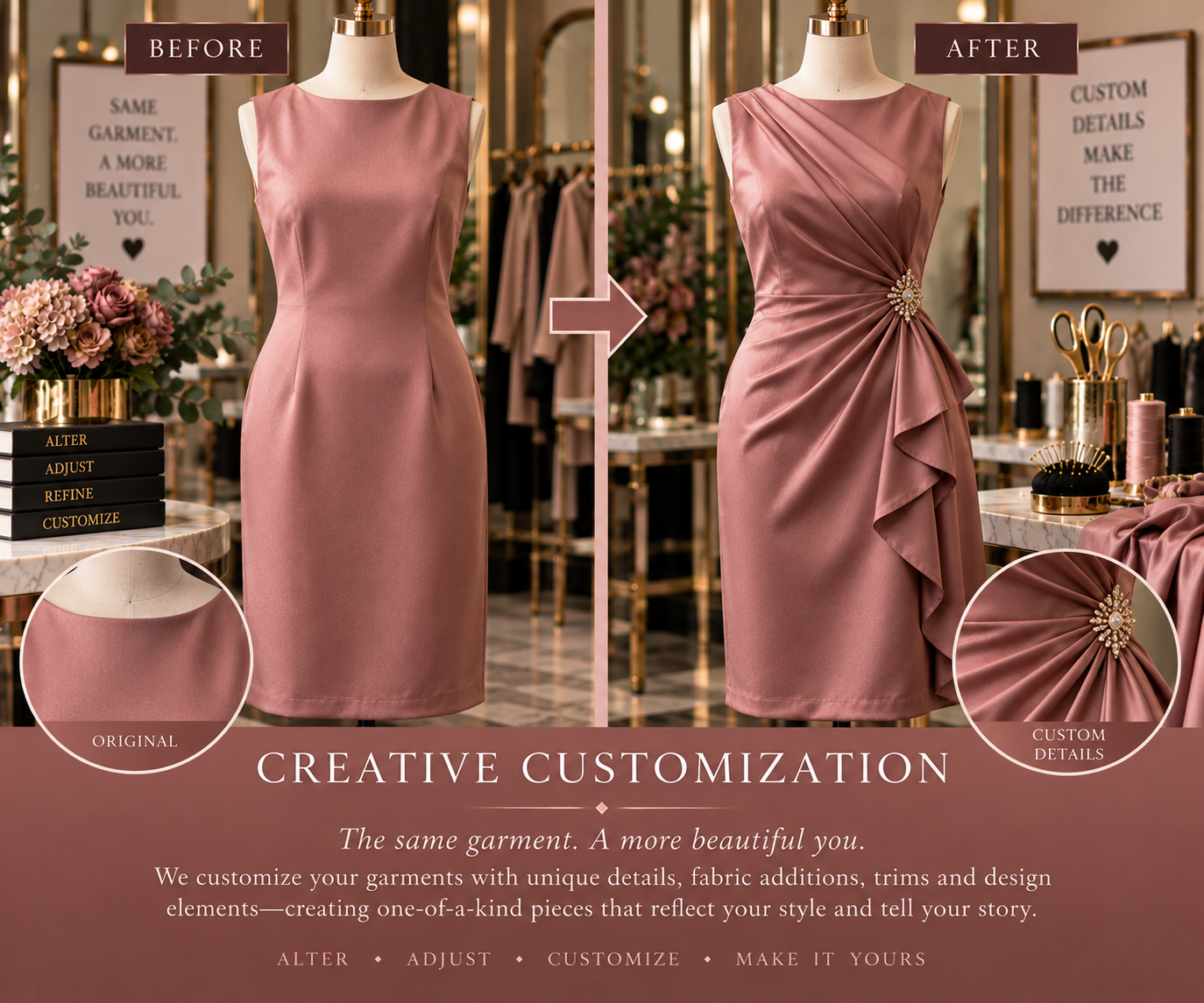 Creative customization can transform a garment you already own into something uniquely yours. Lynnette January Design Studio in Killeen, Texas can add decorative details, reshape design elements, incorporate new fabrics or trims, and personalize exis