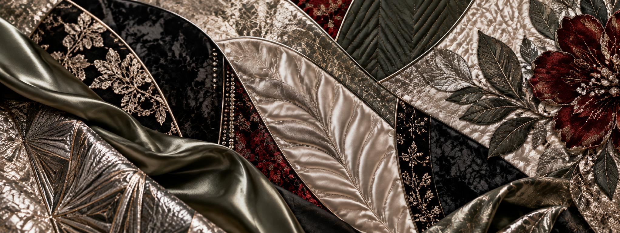 A collection of decorative metallic and embroidered fabrics with floral patterns and leaves, featuring gold, silver, black, and red colors.