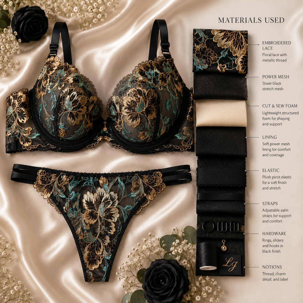 Midnight Opulence is a striking blend of black lace with shimmering gold and teal embroidery, paired with coordinating fabrics, elastics, and hardware. Bold, elegant, and unforgettable, this collection is designed for those who appreciate timeless so