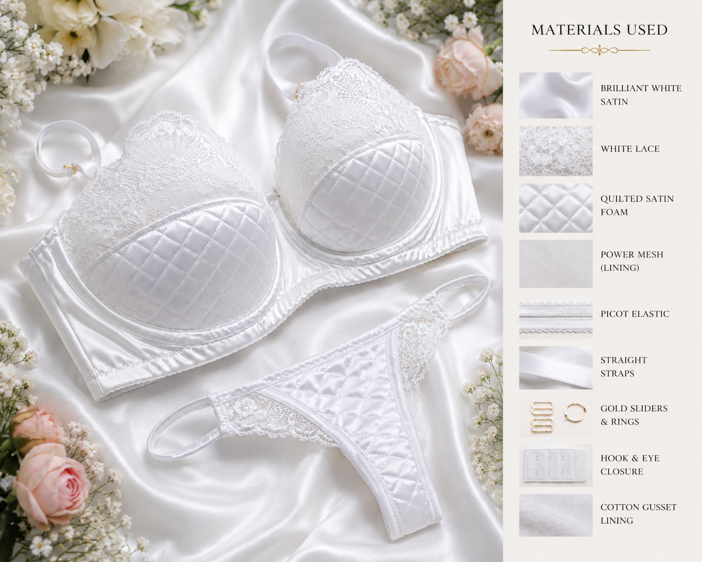 Bridal Elegance Collection

A luxurious custom bra and matching thong featuring beautifully quilted satin cups paired with delicate floral lace for a striking blend of texture and elegance. Handcrafted from premium materials, this design offers excep