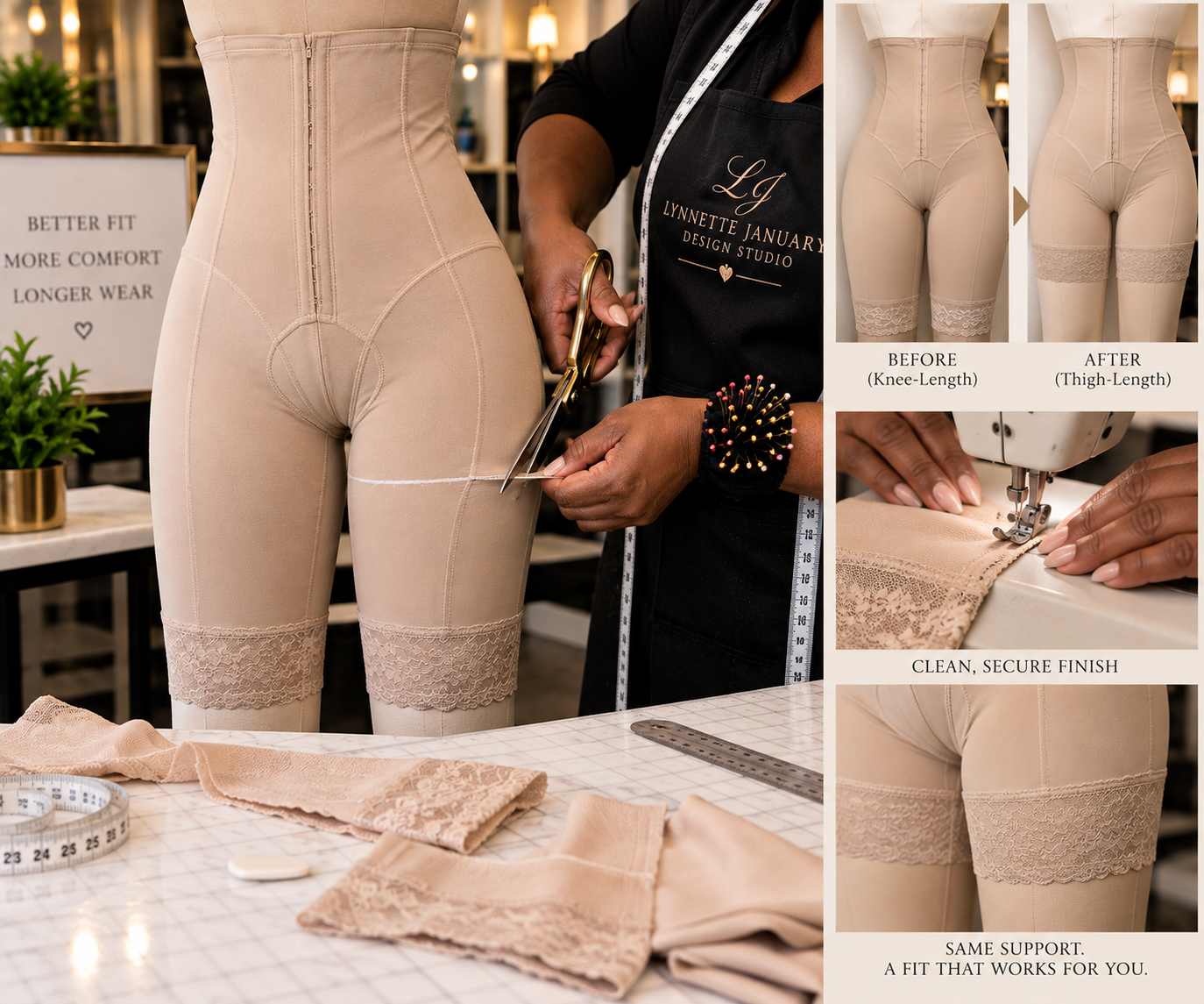 Faja Length Alteration

A knee-length faja can be professionally shortened to thigh length for greater comfort, easier wear, or to better suit your clothing. The legs are carefully shortened and refinished while preserving the garment’s compression, 