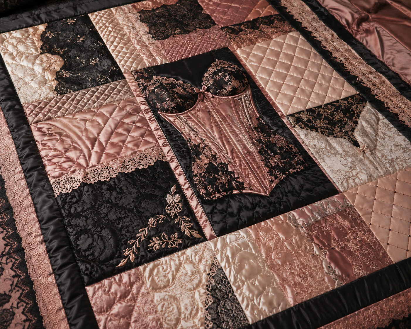 Luxury custom memory quilt handcrafted from blush satin, black lace, and bridal lingerie fabrics, featuring a corset centerpiece with quilted panels and heirloom-quality stitching.