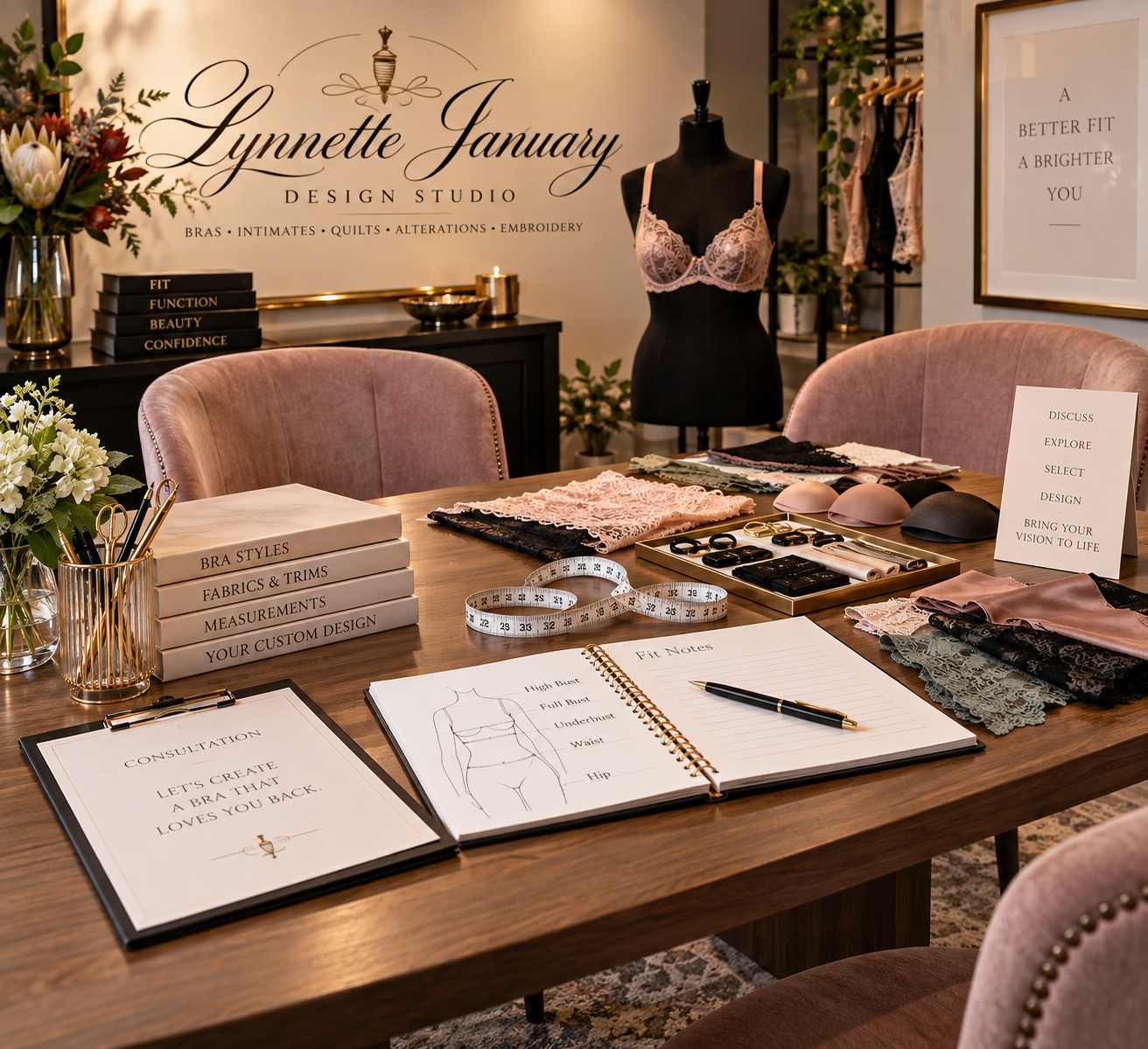 Your custom bra consultation is a private, one-on-one experience at Lynnette January Design Studio in Killeen, Texas. We’ll discuss your fit concerns, preferred bra styles, support needs, fabrics, and design preferences before creating your personali