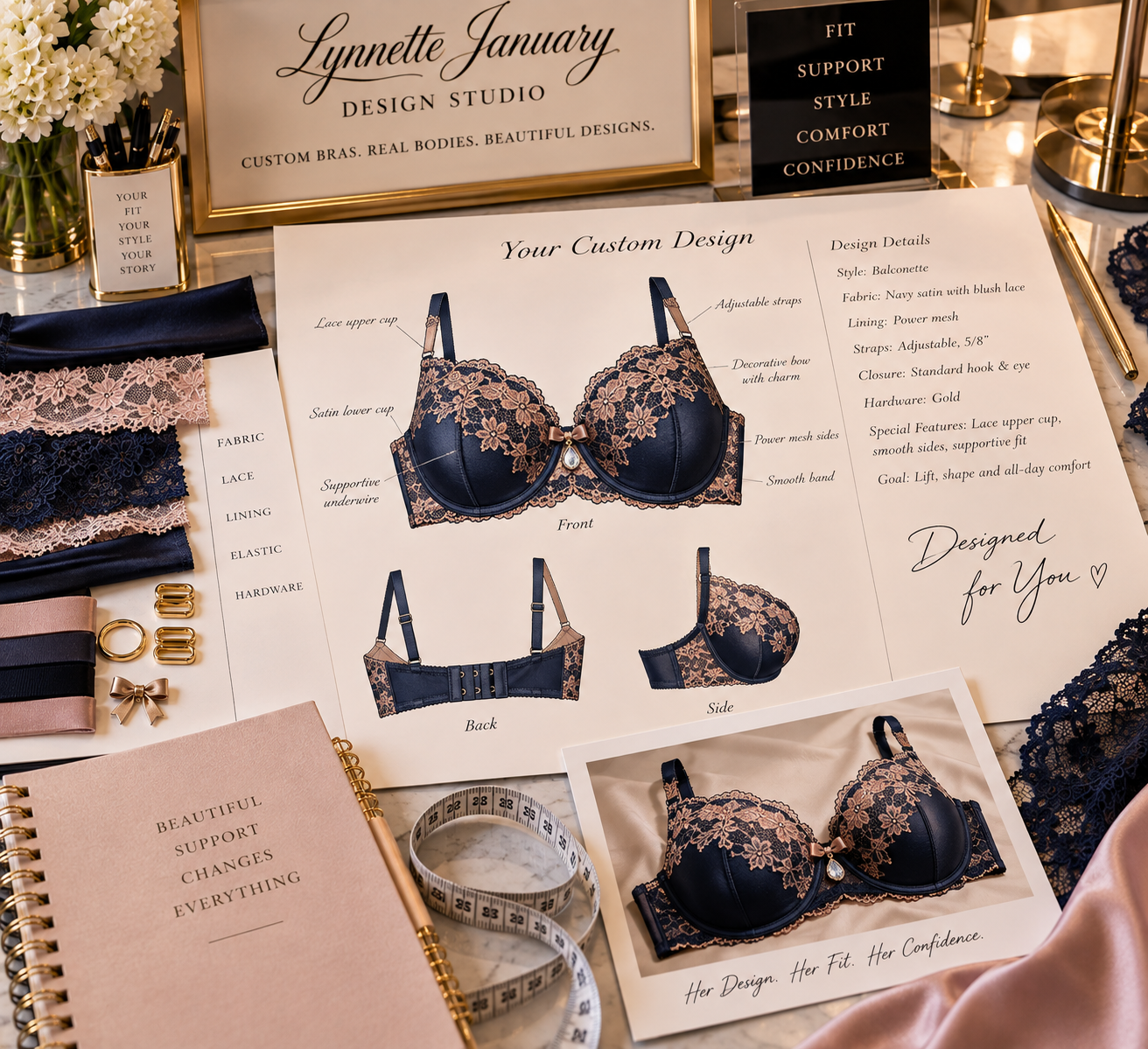 Your personalized bra design reflects the choices made during your consultation. At Lynnette January Design Studio in Killeen, Texas, your measurements, support needs, selected style, fabrics, lace, colors, and finishing details come together in a cu